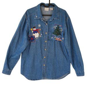 Vintage Bobbie Brooks Chambray Shirt Women's M Blue Embroidered Snowman
